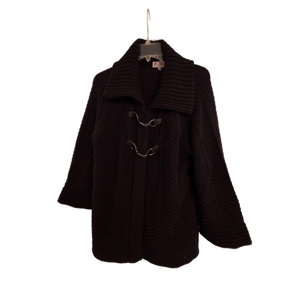 JM Collection‎ Black Toggle Ribbed Collar Knit Open Cardigan Jacket PL